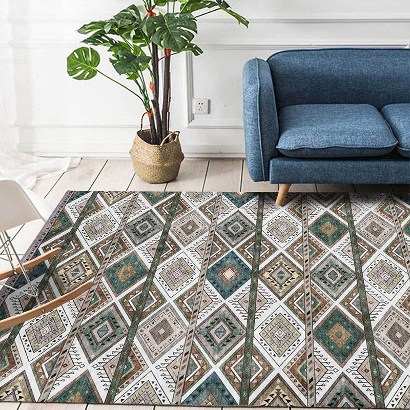 Avtoit | Persian Azulejos Print Rug Green Polyester Rug Machine Washable Non-Slip Rug for Living Room