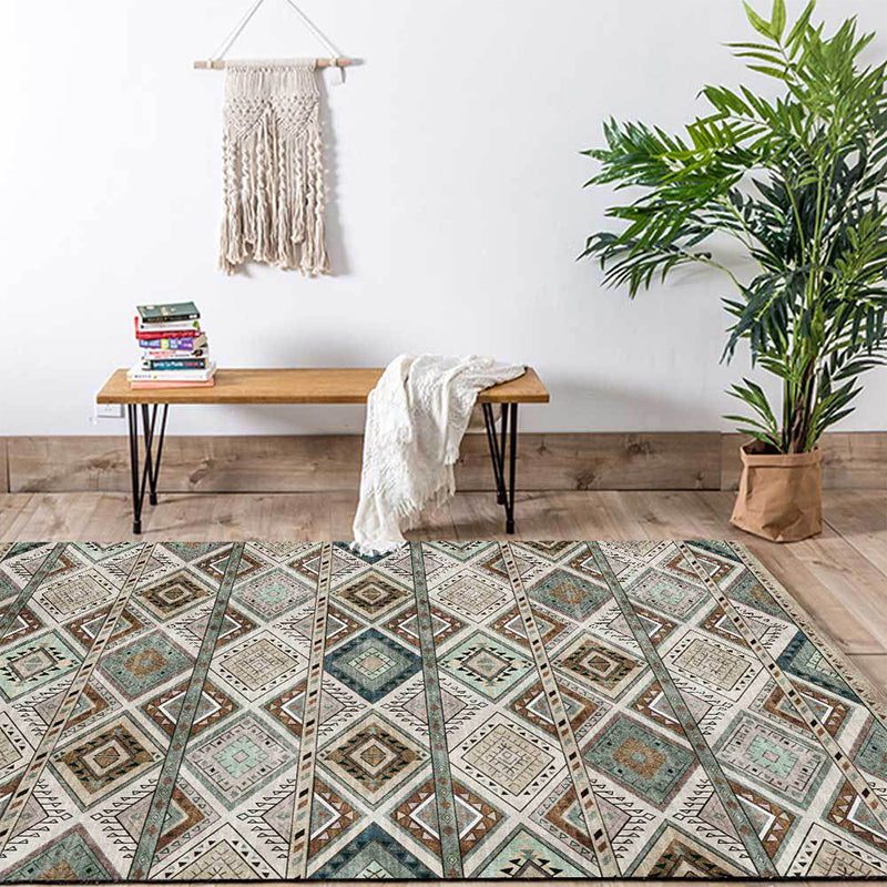 Avtoit | Persian Azulejos Print Rug Green Polyester Rug Machine Washable Non-Slip Rug for Living Room