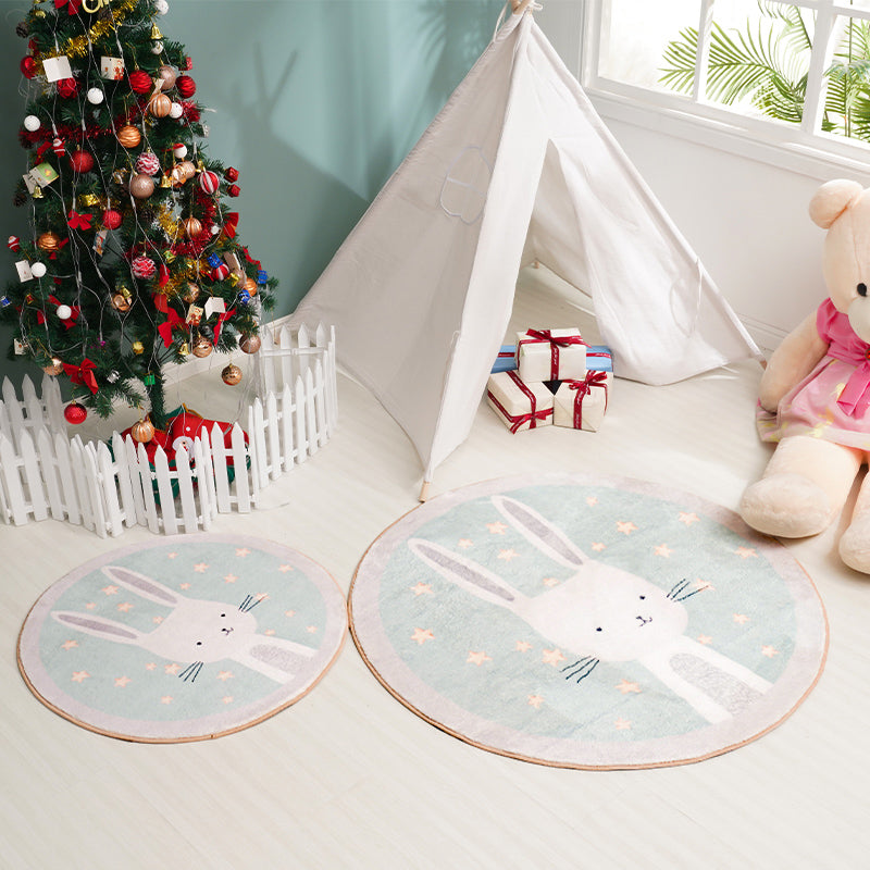 Avtoit | Kids Cartoon Bunny Pattern Rug Green Polyester Rug Washable Non-Slip Back Rug for Home Decor