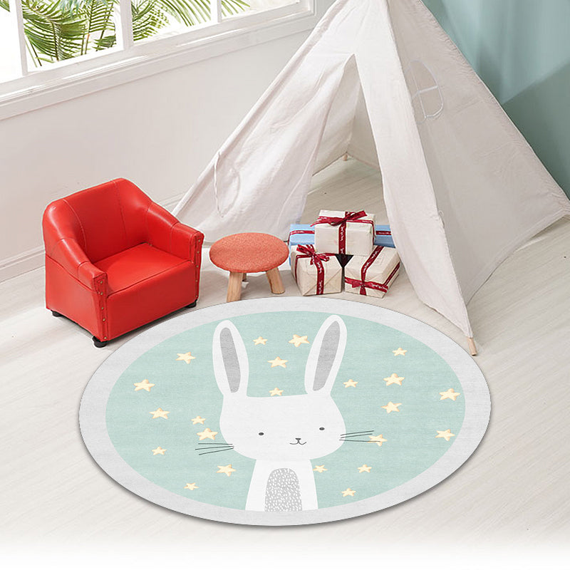 Avtoit | Kids Cartoon Bunny Pattern Rug Green Polyester Rug Washable Non-Slip Back Rug for Home Decor