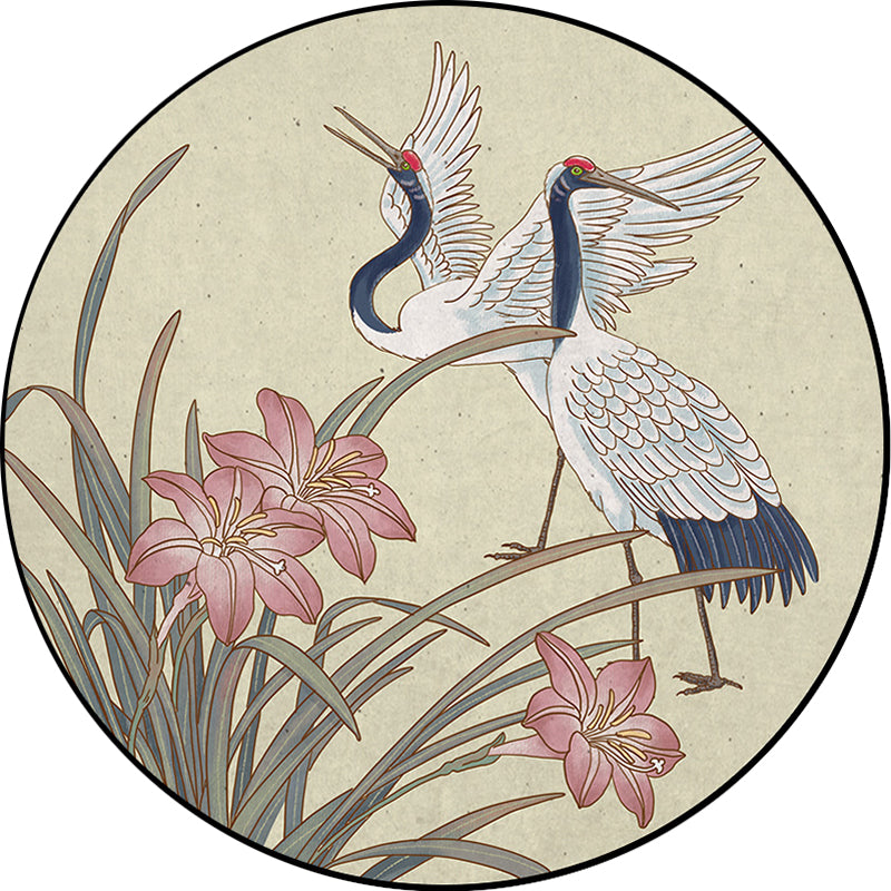 Avtoit | Yellow Eastern Carpet Polyester Flower and Crane Pattern Carpet Washable Non-Slip Back Mat for the Living Room
