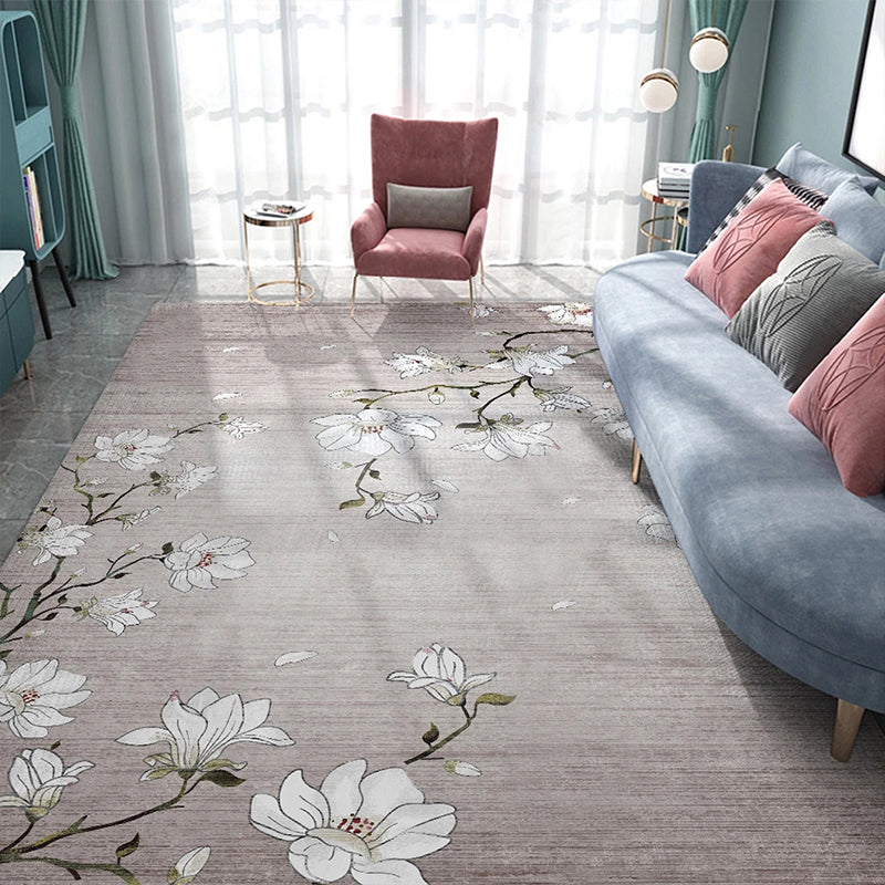 Avtoit | Light Red Oriental Carpet Polyester Floral Element Carpet Washable Non-Slip Back Carpet for Living Room