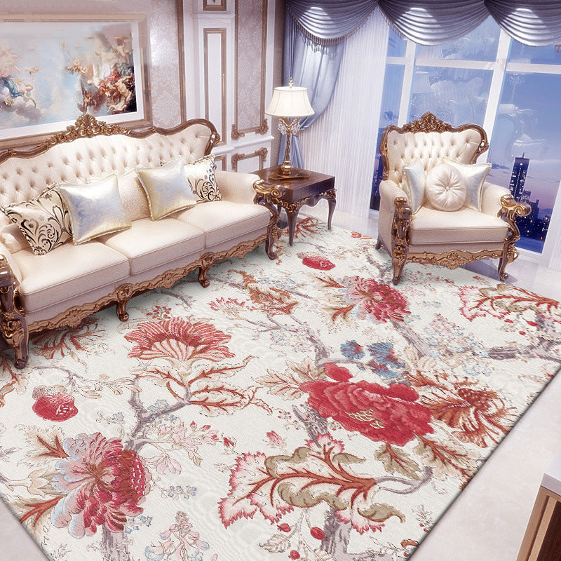 Avtoit | Vintage Floral Pattern Rug Red Polyester Rug Machine Washable Non-Slip Rug for the Living Room