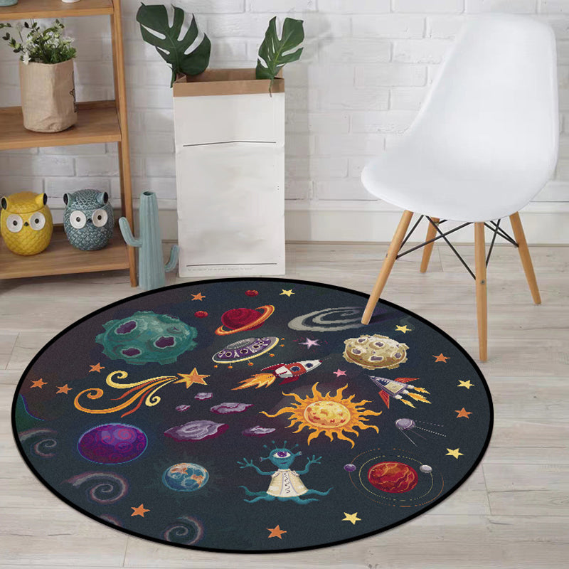 Avtoit | Children's room carpet in black space alien planet rocket print carpet polyester machine washable area rug
