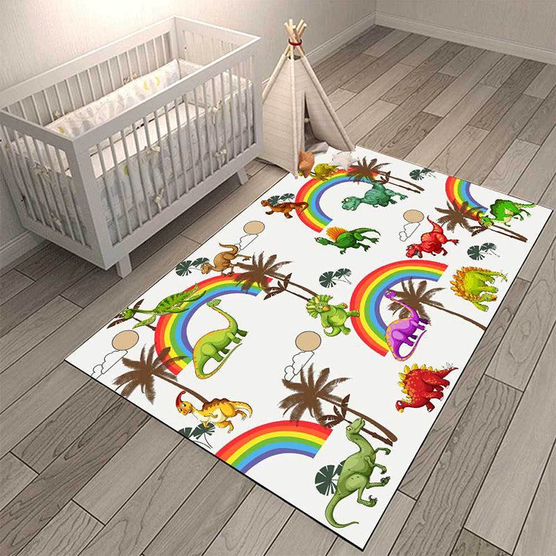 Avtoit | White Children's Room Rug Kids Animal Dinosaurs Rainbow Tree Pattern Area Rug Polyester Washable Pet-Friendly Carpet