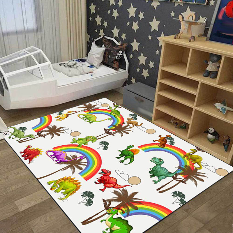 Avtoit | White Children's Room Rug Kids Animal Dinosaurs Rainbow Tree Pattern Area Rug Polyester Washable Pet-Friendly Carpet