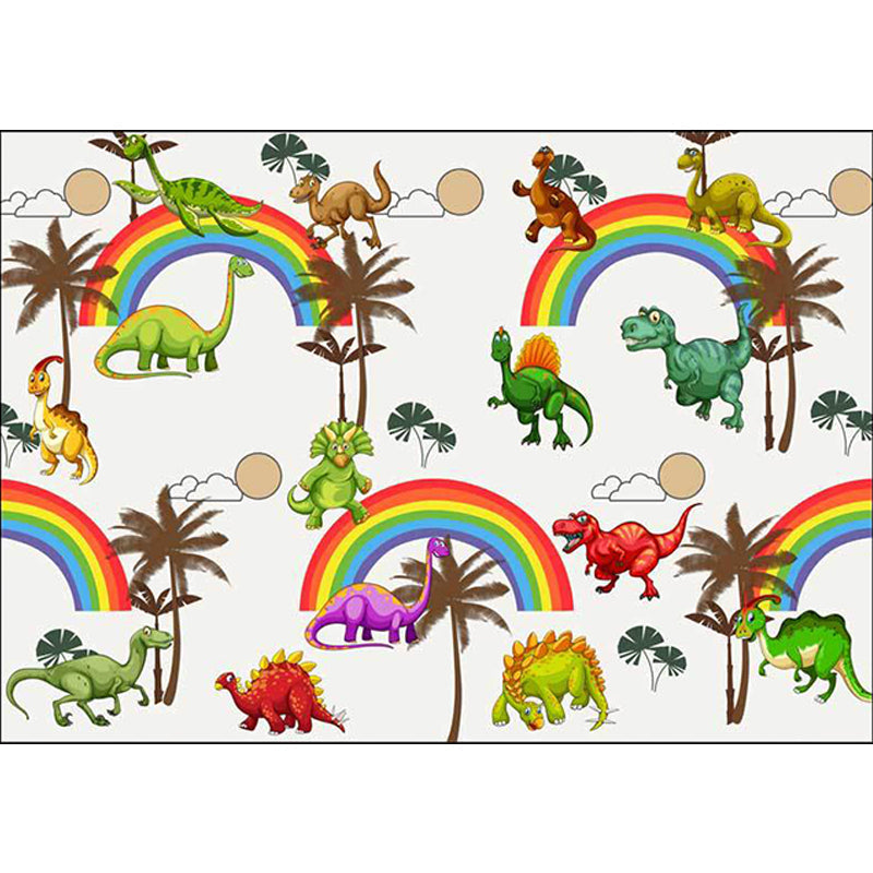Avtoit | White Children's Room Rug Kids Animal Dinosaurs Rainbow Tree Pattern Area Rug Polyester Washable Pet-Friendly Carpet