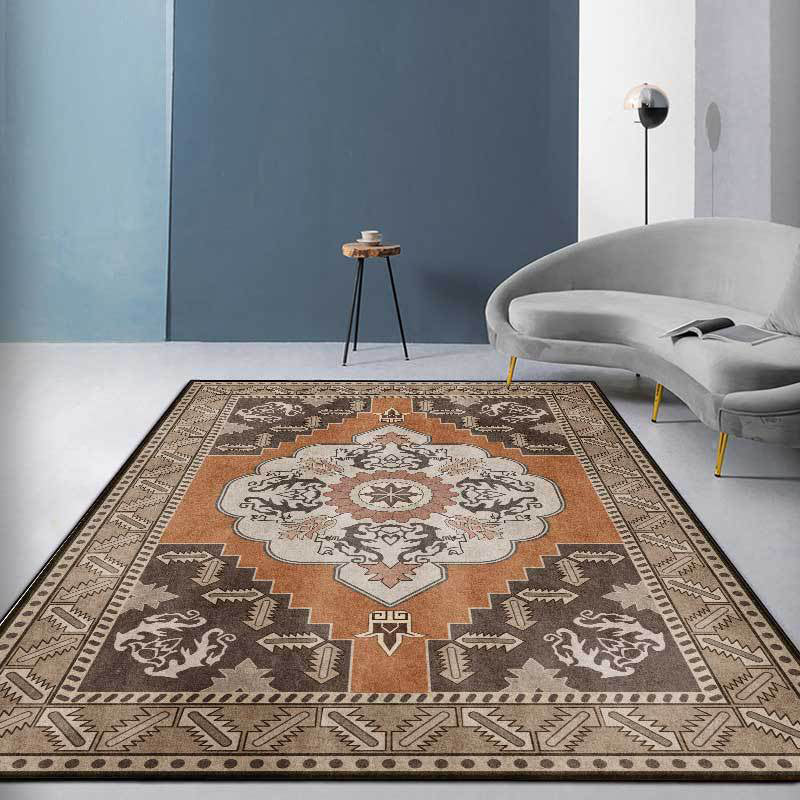 Avtoit | Brown Persian carpet polyester medallion and floral pattern carpet washable non-slip backing carpet for the living room