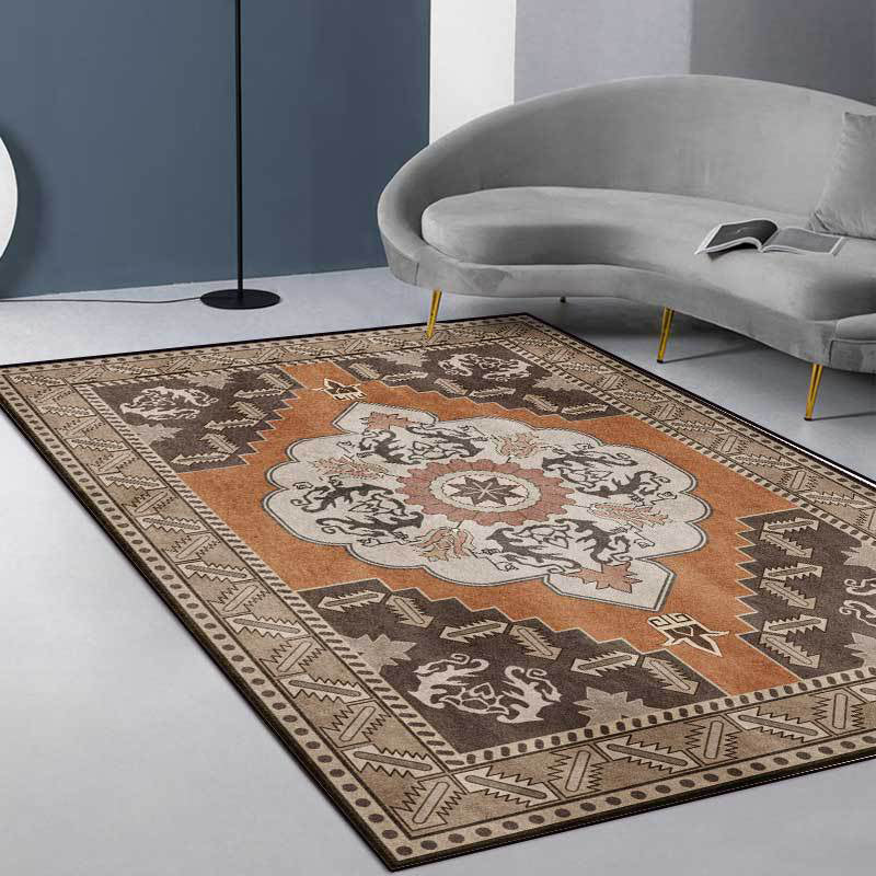 Avtoit | Brown Persian carpet polyester medallion and floral pattern carpet washable non-slip backing carpet for the living room