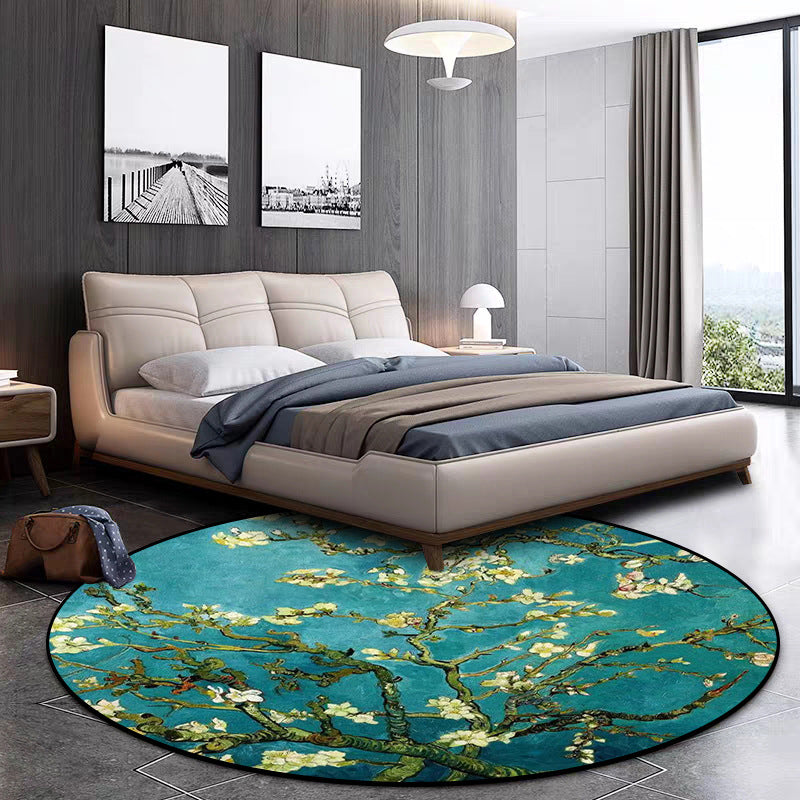 Avtoit | Retro Floral Pattern Rug Blue Traditional Rug Polyester Washable Non-Slip Back Rug for Living Room