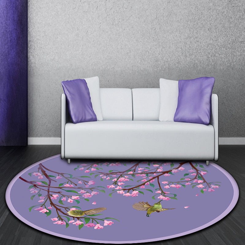 Avtoit | Purple Oriental Carpet Polyester Flower and Bird Motif Carpet Washable With Non-Slip Back Carpet for Bedroom