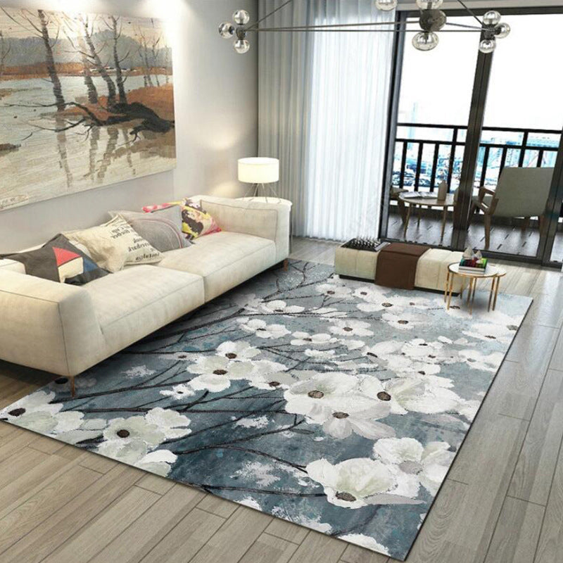 Avtoit | Traditional floral pattern rug white and gray oriental rug polyester washable non-slip backing rug for living room