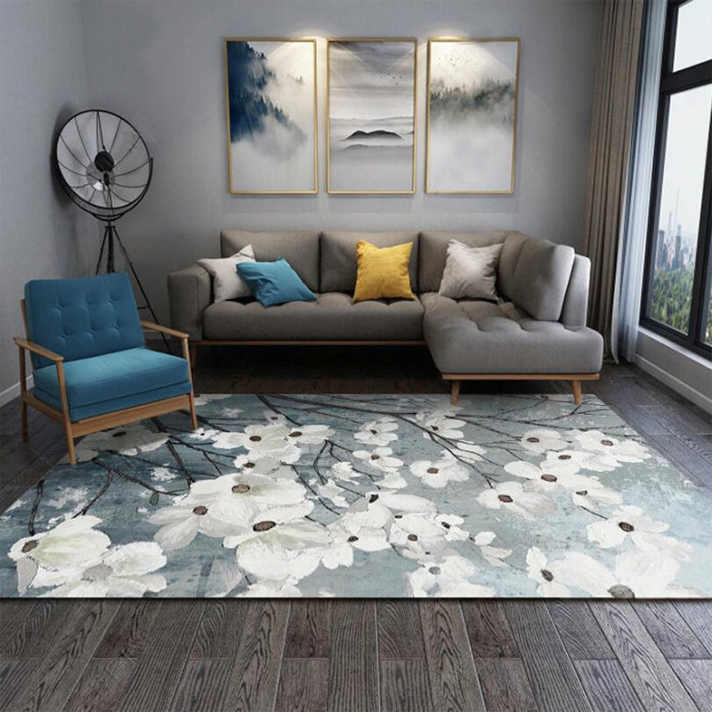 Avtoit | Traditional floral pattern rug white and gray oriental rug polyester washable non-slip backing rug for living room
