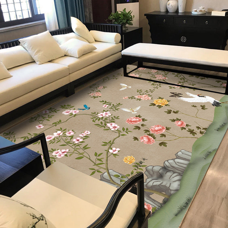 Avtoit | Vintage Floral Pattern Carpet with Bird and Leaf Khaki Polyester Carpet Machine Washable Non-Slip Area Rug for Living Room