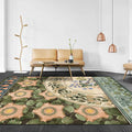 Avtoit | Green Oriental Carpet Polyester Flower and Bird Pattern Carpet Washable Non-Slip Backing Carpet for Bedroom