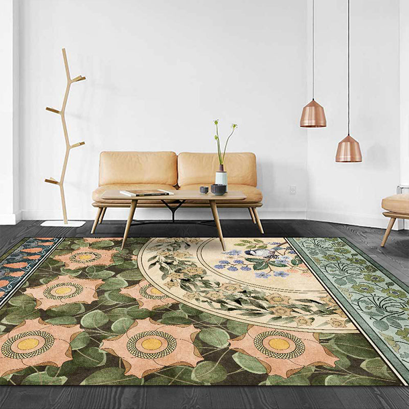 Avtoit | Green Oriental Carpet Polyester Flower and Bird Pattern Carpet Washable Non-Slip Backing Carpet for Bedroom