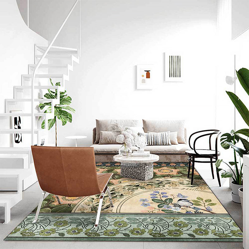 Avtoit | Green Oriental Carpet Polyester Flower and Bird Pattern Carpet Washable Non-Slip Backing Carpet for Bedroom