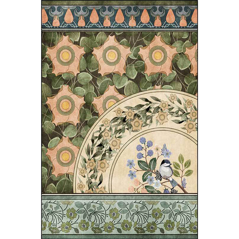 Avtoit | Green Oriental Carpet Polyester Flower and Bird Pattern Carpet Washable Non-Slip Backing Carpet for Bedroom