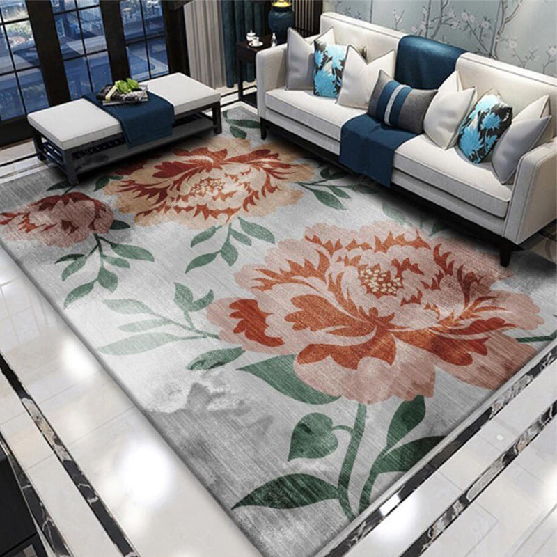 Avtoit | Gray and Red Eastern Carpet Polyester Flower and Leaf Pattern Carpet Washable Non-Slip Rug for Bedroom