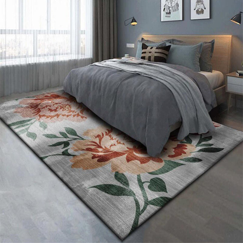 Avtoit | Gray and Red Eastern Carpet Polyester Flower and Leaf Pattern Carpet Washable Non-Slip Rug for Bedroom