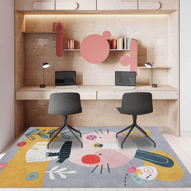 Avtoit | Casual Kids Rug in Gray Animal Rabbit Floral Leaf Pattern Rug Polyester Pet-Friendly Washable Rug for Children's Room