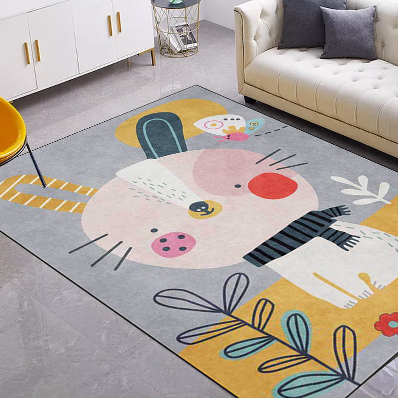 Avtoit | Casual Kids Rug in Gray Animal Rabbit Floral Leaf Pattern Rug Polyester Pet-Friendly Washable Rug for Children's Room