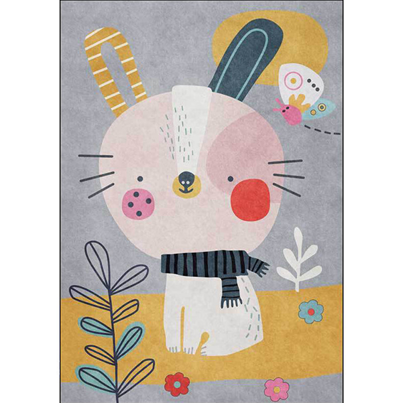 Avtoit | Casual Kids Rug in Gray Animal Rabbit Floral Leaf Pattern Rug Polyester Pet-Friendly Washable Rug for Children's Room