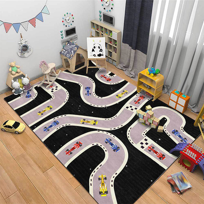Avtoit | Kids Bedroom Rug in Black Cars & Roads Print Rug Polyester Non-Slip Back Washable Rug