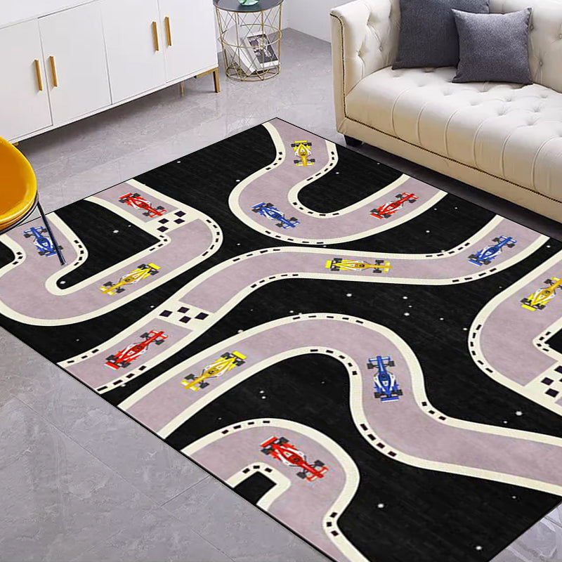 Avtoit | Kids Bedroom Rug in Black Cars & Roads Print Rug Polyester Non-Slip Back Washable Rug