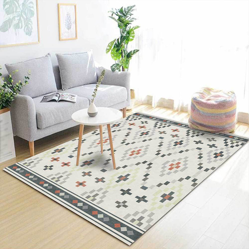 Avtoit | White Tribal Carpet Polyester Geometric Pattern Carpet Washable Non-Slip Back Carpet for Living Room