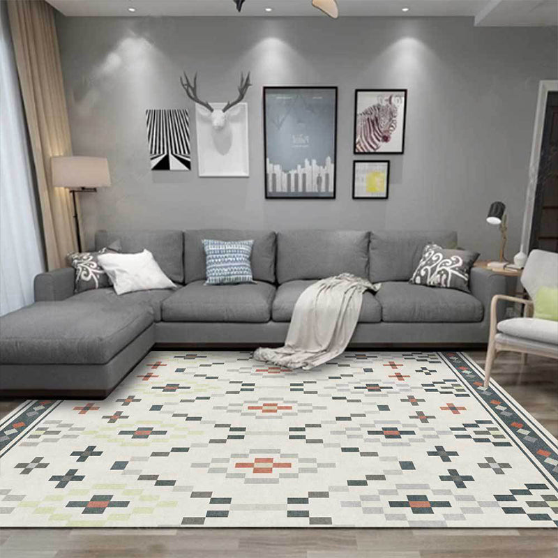 Avtoit | White Tribal Carpet Polyester Geometric Pattern Carpet Washable Non-Slip Back Carpet for Living Room