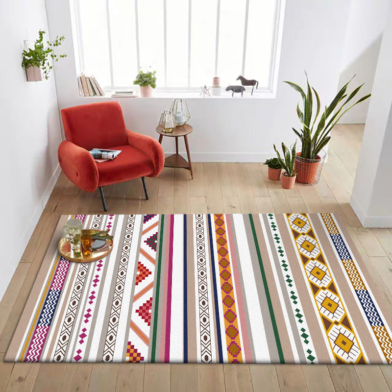Avtoit | White Multicolor Tribal Carpet Polyester Striped Pattern Carpet Washable Non-Slip Back Carpet for Living Room