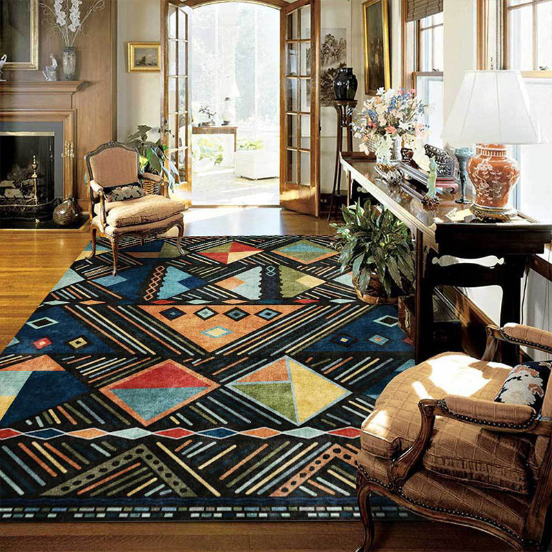 Avtoit | Blue multicolored tribal rug polyester geometric and striped pattern rug washable non-slip backing rug for living room