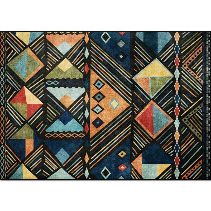 Avtoit | Blue multicolored tribal rug polyester geometric and striped pattern rug washable non-slip backing rug for living room