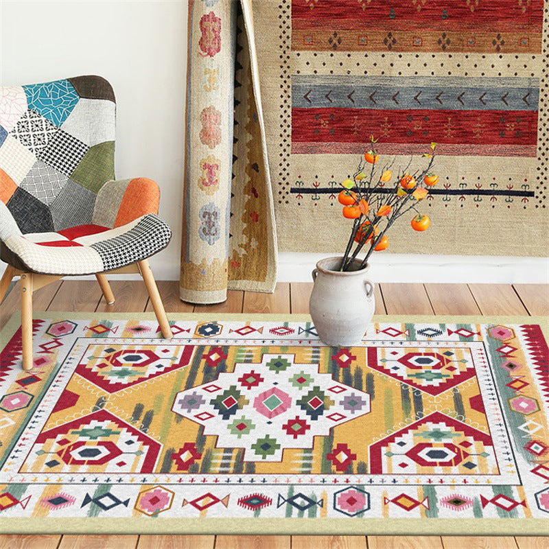 Avtoit | Yellow Tribal Carpet Polyester Medallion Pattern Carpet Washable Non-slip Back Carpet for Living Room