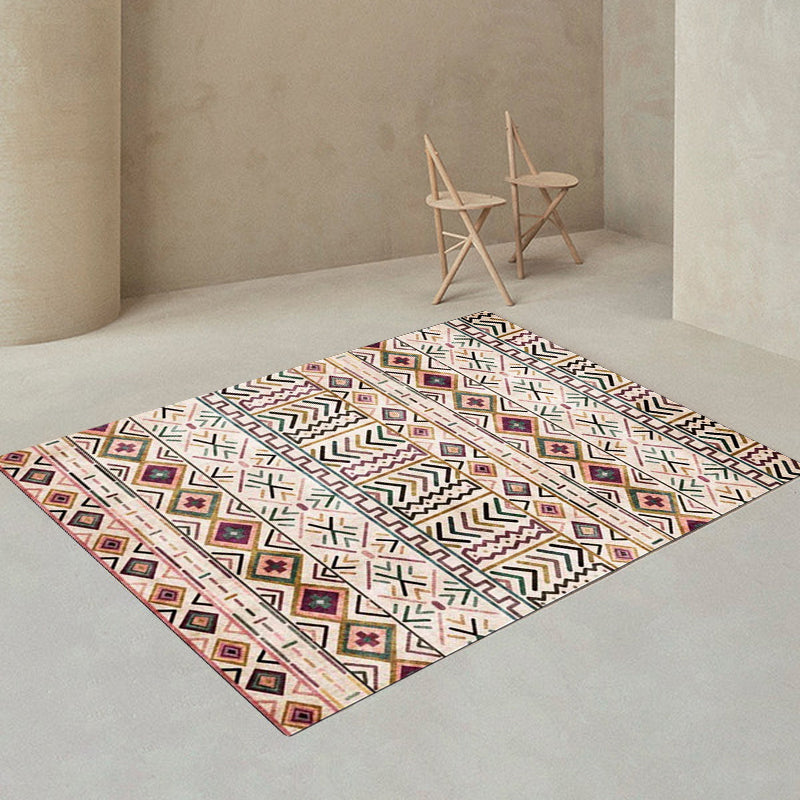 Avtoit | Beige Tribal Rug Polyester Geometric and Striped Pattern Rug Washable Non-Slip Back Rug for Living Room