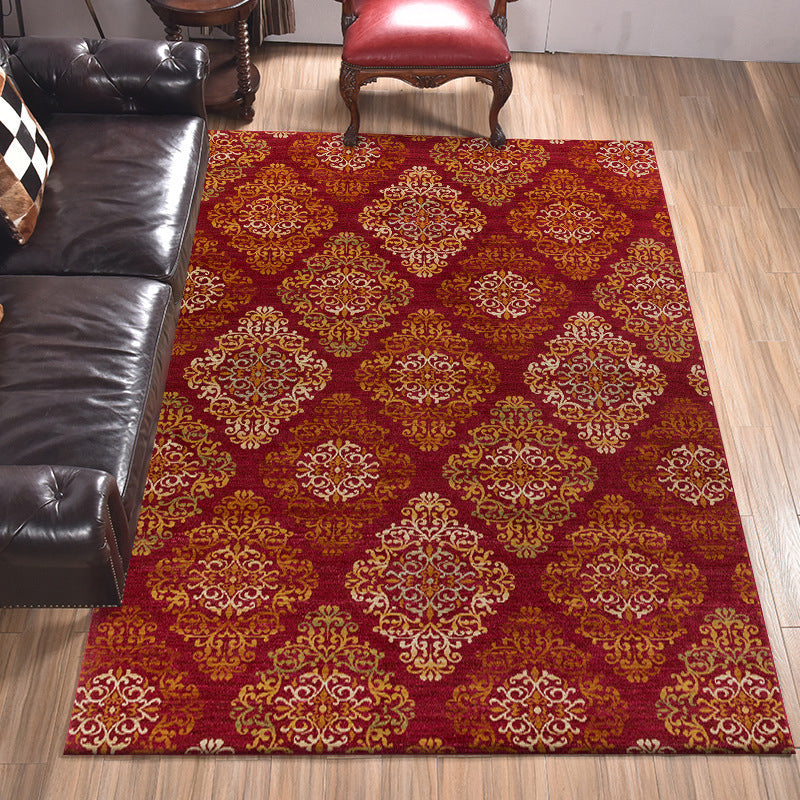 Avtoit | Persian checkered printed carpet with floral red polyester machine washable non-slip carpet for living room