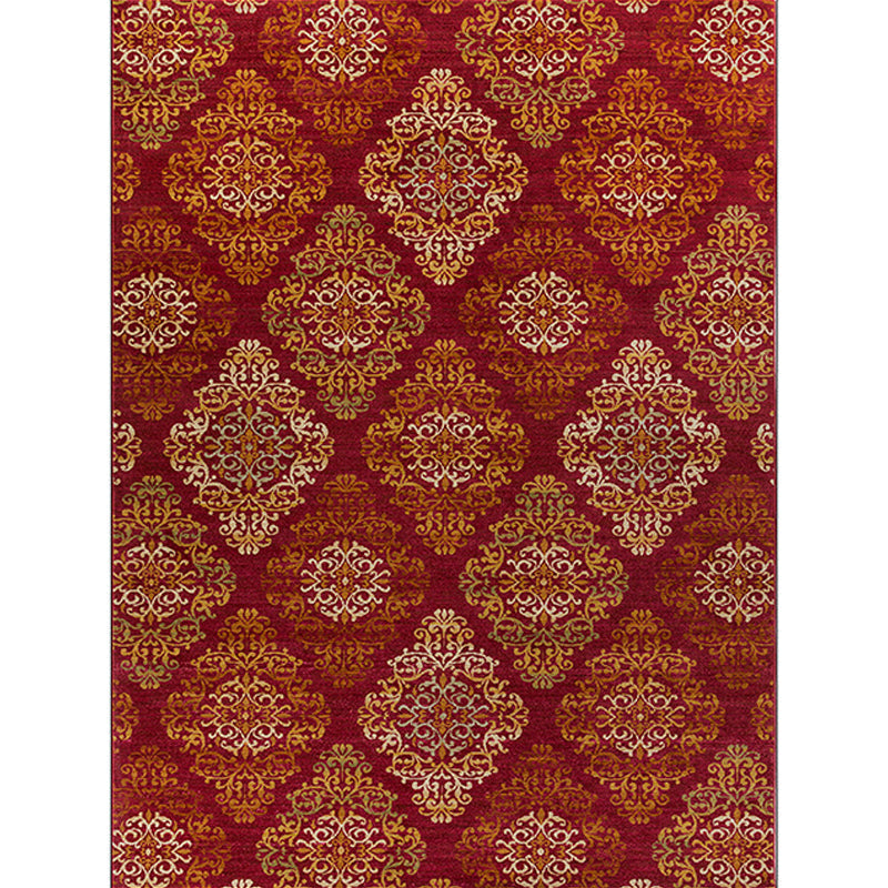 Avtoit | Persian checkered printed carpet with floral red polyester machine washable non-slip carpet for living room