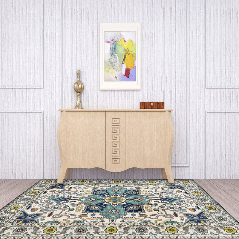 Avtoit | unique medallion pattern rug with floral blue and red Persian rug polyester machine washable non-slip rug for the bedroom