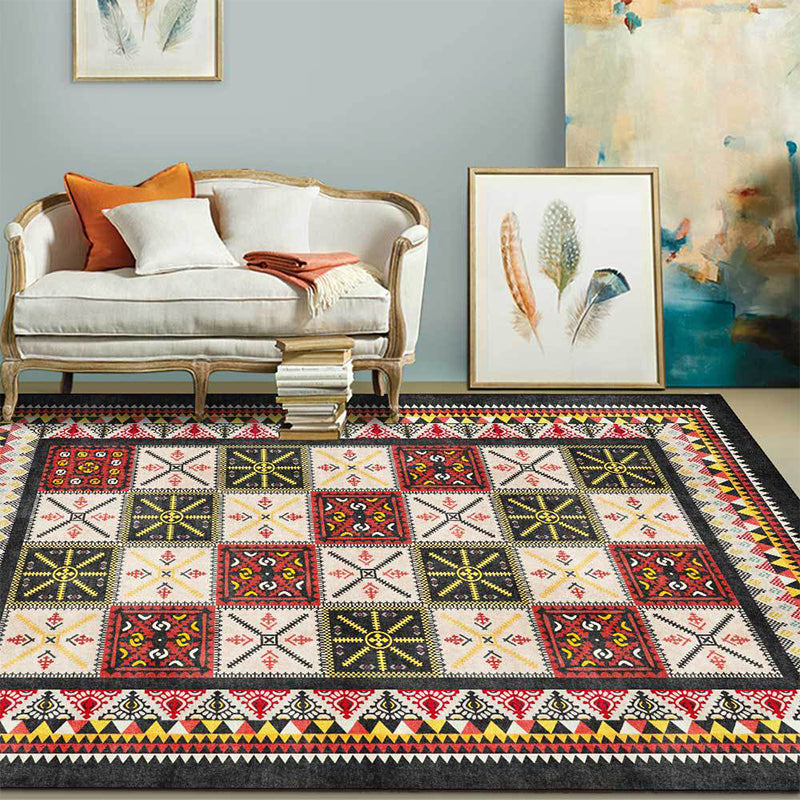 Avtoit | Tribal Azulejos Pattern Rug Red and Green Mediterranean Rug Polyester Machine Washable Non-Slip Living Room Rug for Bedroom