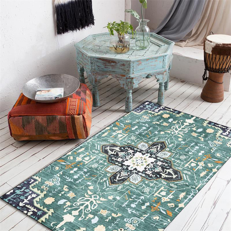 Avtoit | Green Persian Carpet Polyester Medallion Print Carpet Washable Non-Slip Underlay Carpet for Living Room