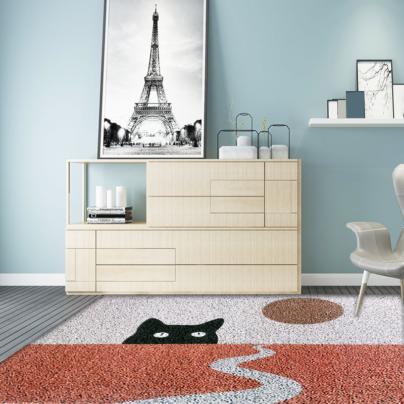 Avtoit | Red Children's Carpet Vinyl Cat Print Carpet Washable Non-Slip Back Carpet for the Children's Room