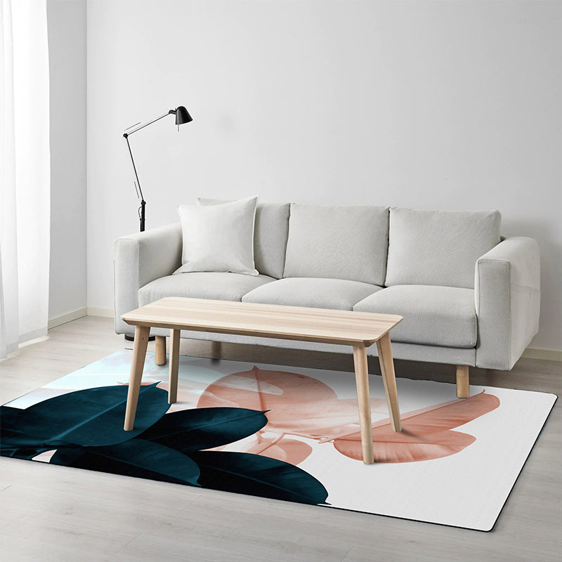 Avtoit | Simple Leaf Pattern Carpet Dark Blue Oriental Carpet Polyester Washable Non-Slip Backing Carpet for the Living Room