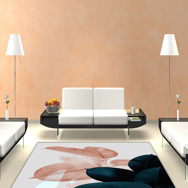 Avtoit | Simple Leaf Pattern Carpet Dark Blue Oriental Carpet Polyester Washable Non-Slip Backing Carpet for the Living Room