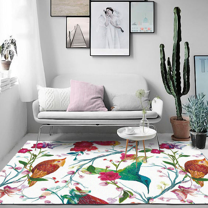 Avtoit | Retro Bird Pattern Carpet with Flower and Leaf White Oriental Carpet Polyester Washable Non-Slip Back Floor Rug for Bedroom