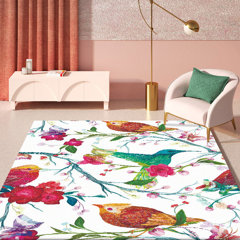 Avtoit | Retro Bird Pattern Carpet with Flower and Leaf White Oriental Carpet Polyester Washable Non-Slip Back Floor Rug for Bedroom