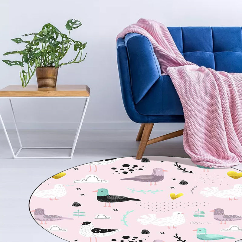 Avtoit | Kids Bedroom Rug in Pink Animal Bird Leaf Pattern Rug Polyester Washable Non-Slip Rug