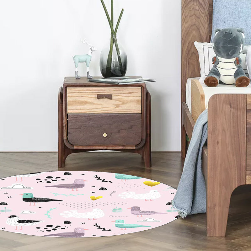 Avtoit | Kids Bedroom Rug in Pink Animal Bird Leaf Pattern Rug Polyester Washable Non-Slip Rug