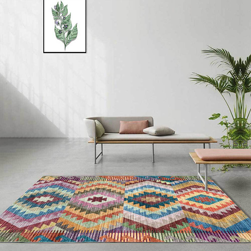 Avtoit | Yellow Multicolored Tribal Carpet Polyester Geometric Pattern Rug Washable Non-Slip Rug for Living Room