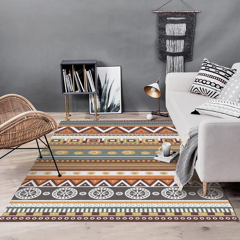 Avtoit | Brown Tribal Rug Polyester Geometric and Striped Pattern Rug Washable Non-Slip Back Rug for Living Room